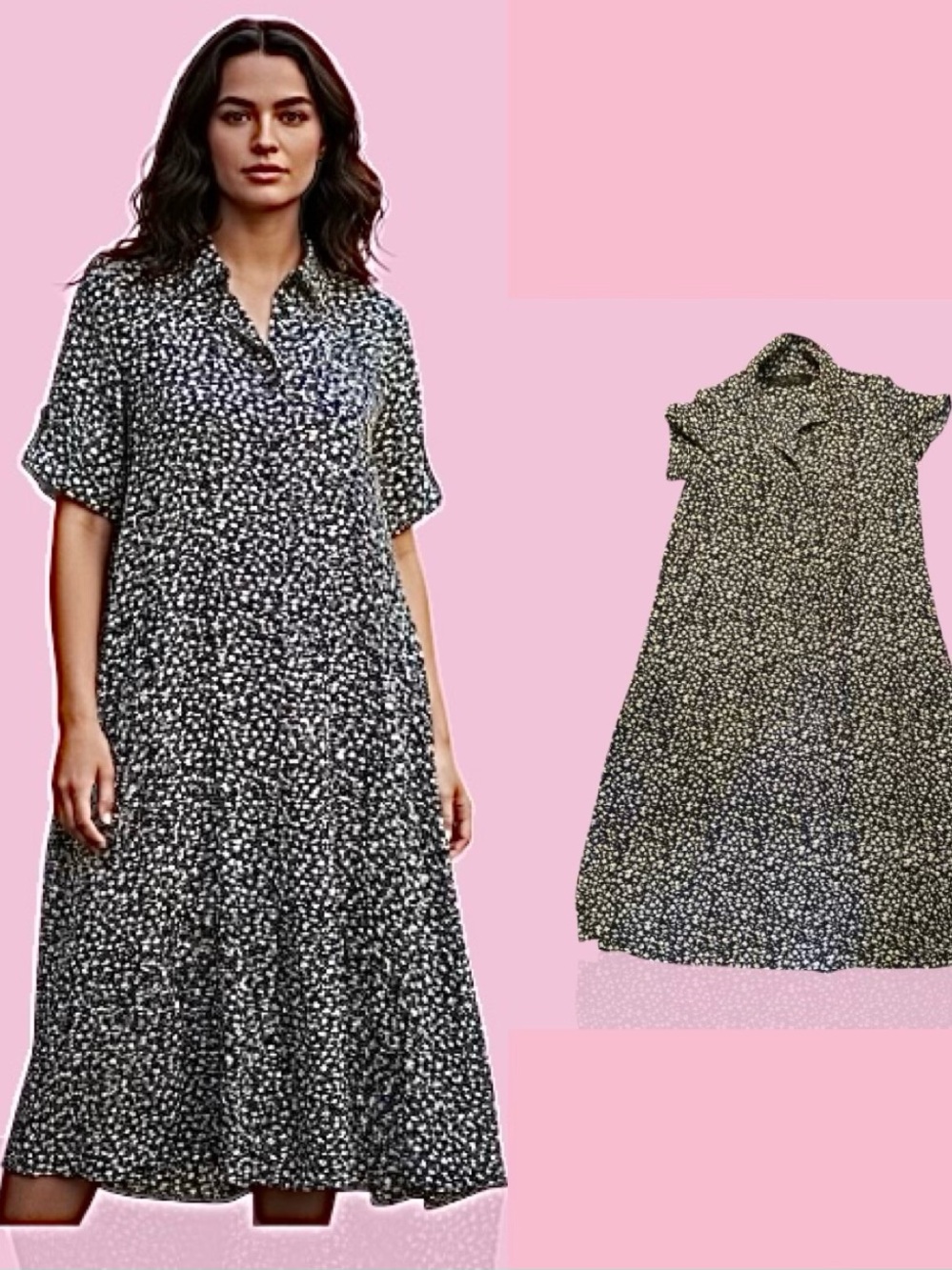 Black & White Floral Midi Shirt Dress